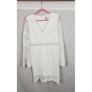 Esley Dress L White‎ Lace Bell Sleeve Lined Mini Boho Peasant Festival Wedding